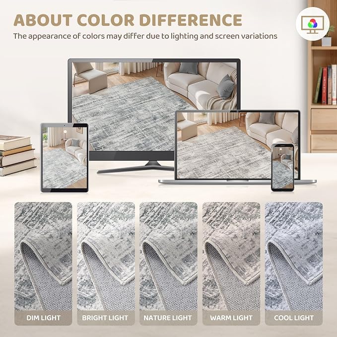 Area Rug for Living Room: 6x9 Washable Neutral Abstract Modern Soft Rugs Non - Image 6