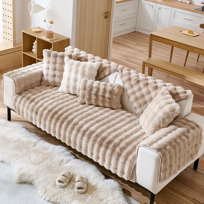 Faux Fur Couch Cover Fuzzy Soft Plush Thick Bubble Sofa Cover Luxury Sectional - Image 4