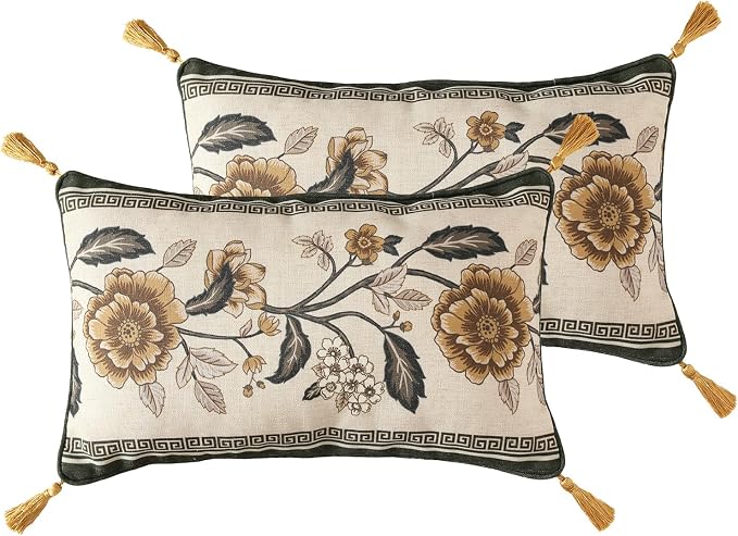 ISAENNE Design Linen Chinoiserie Rectangle Throw Pillow Covers 12"x20" Pack of 2 by Isaennehomedecoration