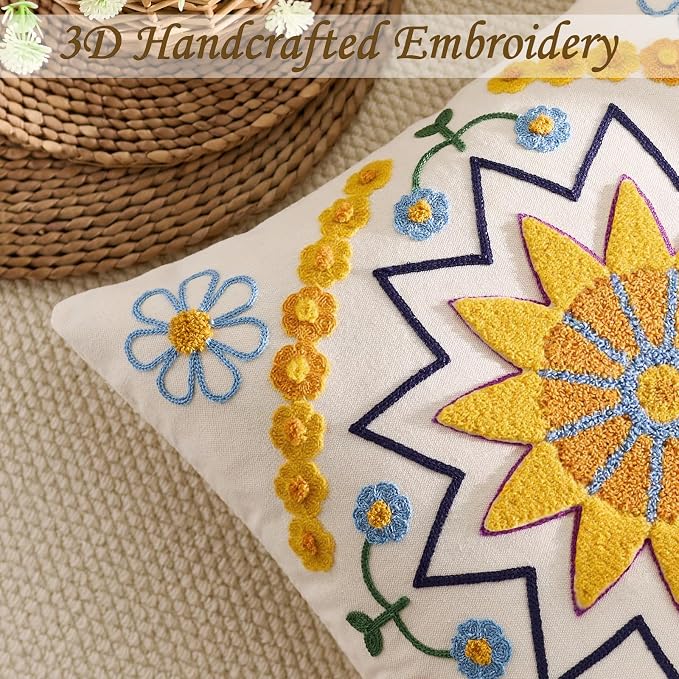 Embroidered Throw Pillow Cover 20x20 Classic Boho Floral Pattern Pillows Cover - Image 2