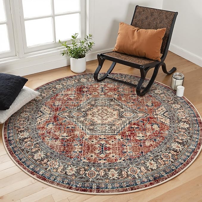 Lahome Oriental Washable Round Area Rug, Non-Slip Round Rugs 6ft Ultra-Thin by Lahome