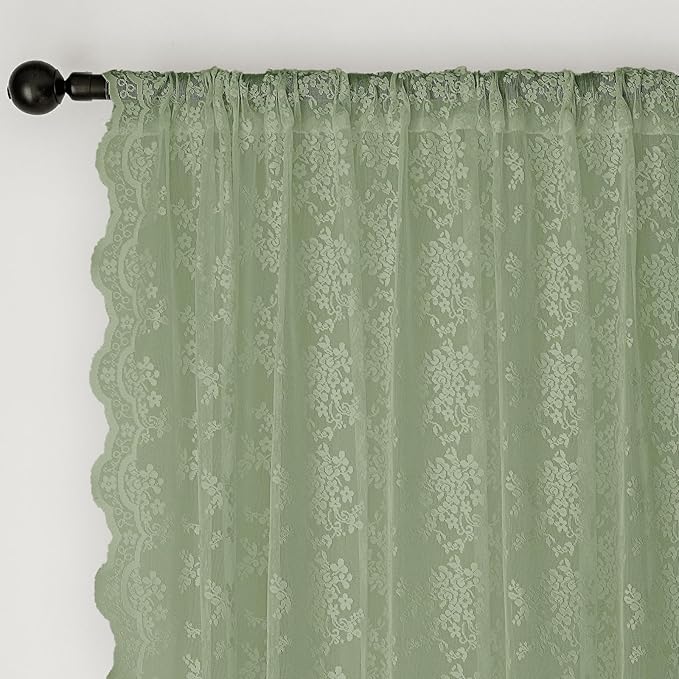Anmao Vintage Sage Green Lace Curtains 54 Inches Long 2 Panels Sets, Romantic - Image 6