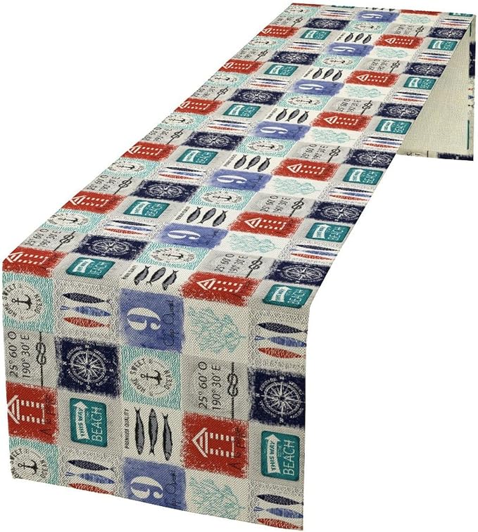 Vintage Nautical Patchwork Table Runner, Rudder Anchor Ocean Element by Unknown