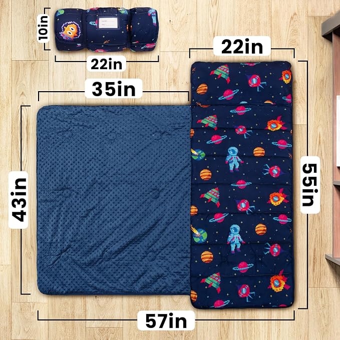 Toddler Nap Mat with Pillow and Minky Blanket, Large 55"x35" Sleeping Bag - Image 2