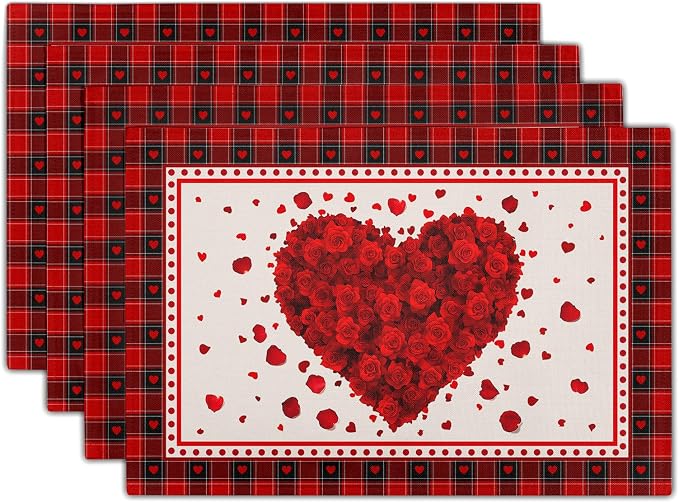 Giwawa 4PCs Valentines Day Placemats 12x18 Inch Love Hearts Rose Flower Place by Giwawa