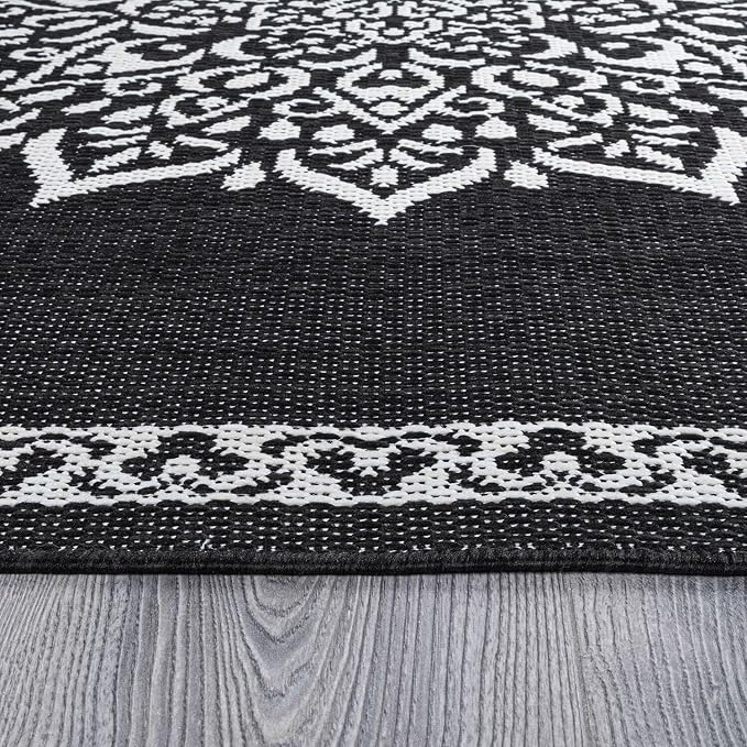 CAMILSON Indoor Outdoor Rug, 10x14 Medallion Black White Modern Area Rugs - Image 8