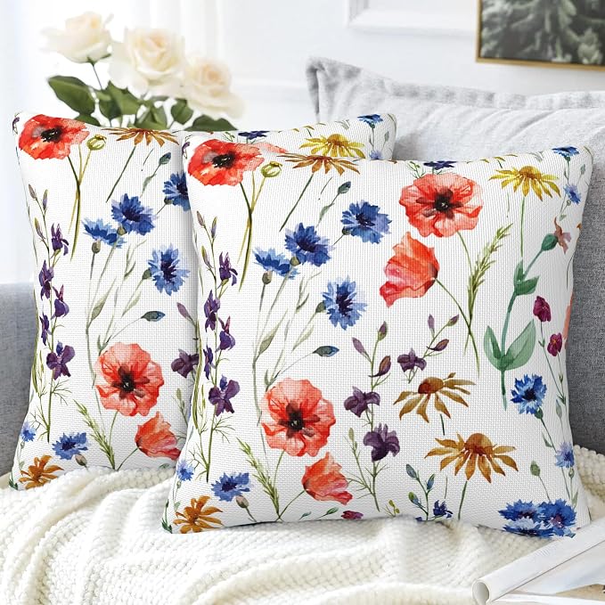 Wildflowers Throw Pillow Covers Set of 2 Watercolor Poppy Pillow Covers 18x18 - Image 4