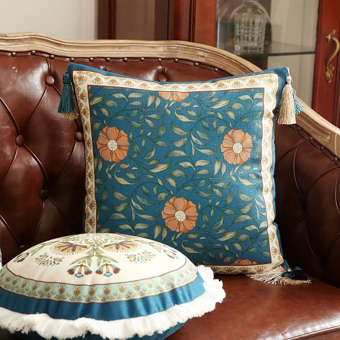 patdrea Designer Square Throw Pillow Covers, French Floral Blue Farmhouse Linen - Image 2