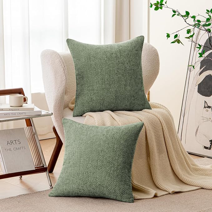 a moment Moss Green Chenille Throw Pillow Covers 20x20 Inch Pack of 2 Modern - Image 2