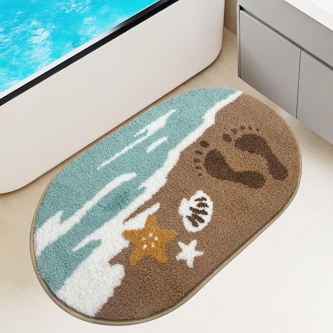Beach Bathroom Rugs Soft Absorbent Ocean Wave Bath Mat by Unknown