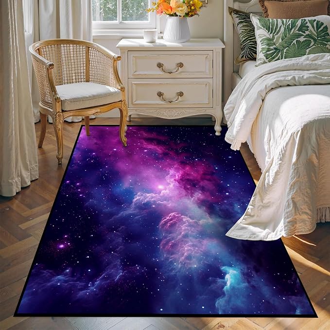 Purple Galaxy Rug Space Rugs Colorful Throw Rug Non-Slip Sun and Cloud Carpet by CERYUEE