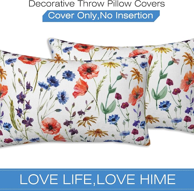 Wildflowers Throw Pillow Covers Set of 2 Watercolor Poppy Pillow Covers 20x12 - Image 3