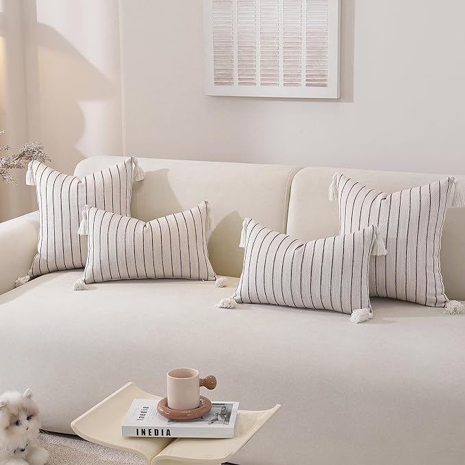 Boho Throw Pillow Covers 18x18 Inch Set of 2, Textured Linen Striped Square - Image 7