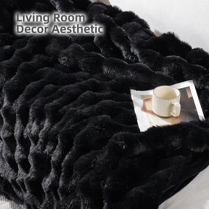 Smoofy Faux Fur Throw Blanket for Couch – Black Fluffy Cozy Rabbit Fleece - Image 5