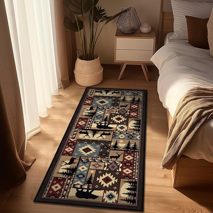 Rustic Cabin Wildlife Runner Rug 2x5, Buffalo Plaid Bear Moose Deer Country - Image 4
