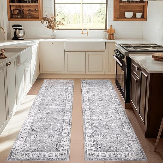 jinchan Fiora Runner Rug 3x10-2pcs Kitchen Washable Vintage Hallway Rug Floral by JINCHAN