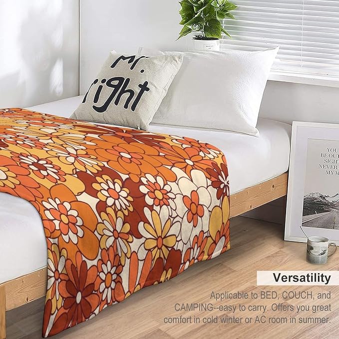 Vintage 70s Throw Blanket, Boho Hippie Bright Orange Flowers Groovy Abstract - Image 5