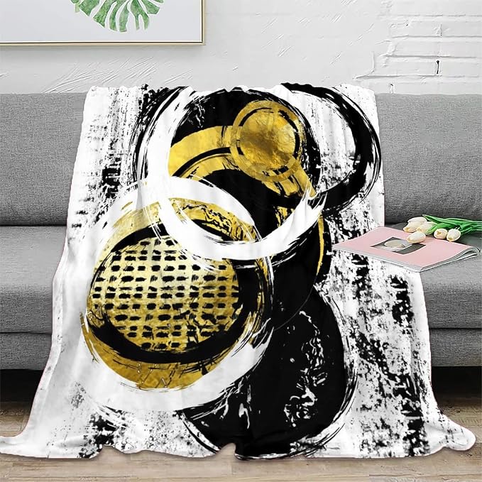 Black White Flannel Fleece Blanket 50x60inch, Abstract Modern Oil Painting Art - Image 2