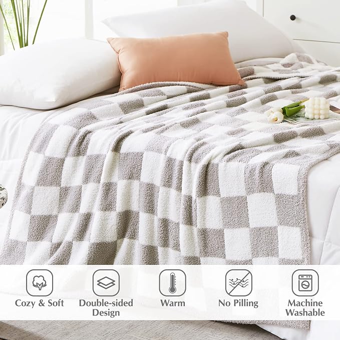 WRENSONGE Checkered Throw Blanket, Light Grey Soft Cozy Fluffy Warm Hand Made - Image 2