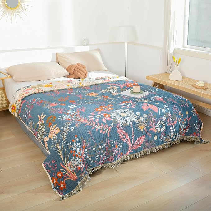 MSGKV Boho Throw Blanket for Couch Chair 100% Cotton Floral Blanket 50"x60" - Image 7