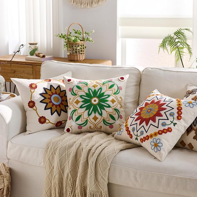Embroidered Throw Pillow Cover 22x22 Classic Boho Floral Pattern Pillows Cover - Image 5