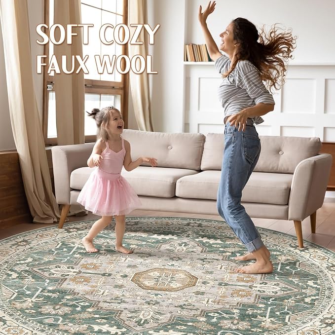 Round Rug Living Room Rugs: 8x8 Washable Boho Neutral Large Circle Soft Indoor - Image 3