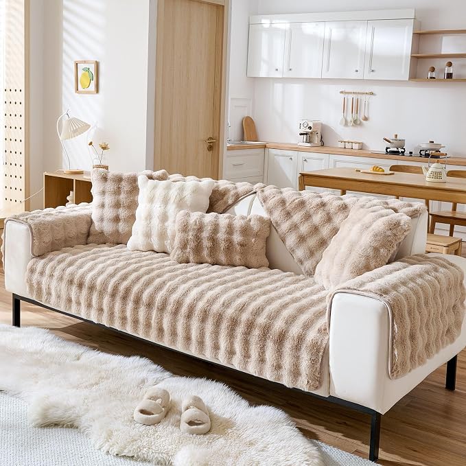 Faux Fur Couch Cover Fuzzy Soft Plush Thick Bubble Sofa Cover Luxury Sectional - Image 3