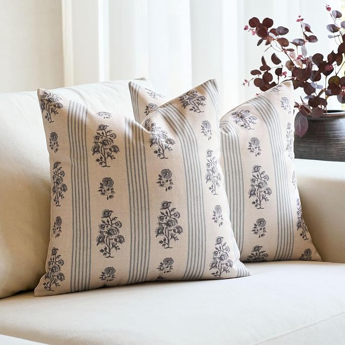 Amor Virisso Floral Throw Pillow Covers 18x18 Set of 2 Block Print Pillow by AffordableFloralPrintMaker