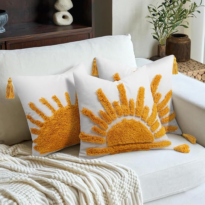Adabana Boho Decorative Throw Pillow Covers 18x18 Tufted Yellow Sun Sunshine - Image 5