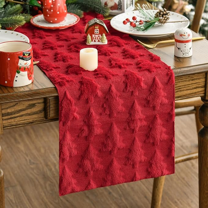 Artoid Mode Christmas Trees Red Soft Plush Faux Fur Jacquard Christmas Table by ArtoidMode