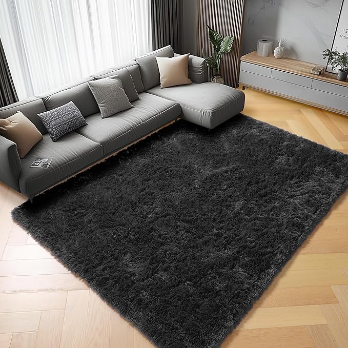 ONASAR Black Area Rugs for Living Room Bedroom, 5x8 Fluffy Shaggy Rug, Washable by ONASAR