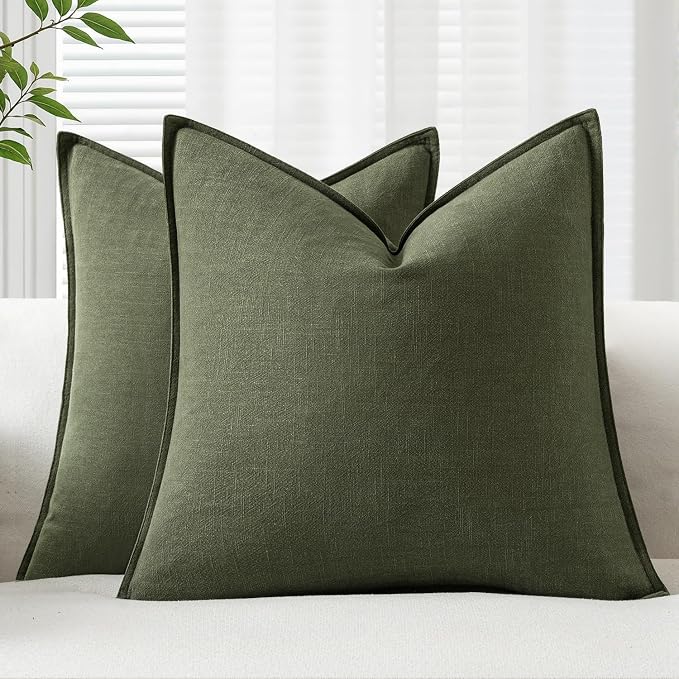 EMEMA Decorative Linen Throw Pillow Covers 22x22 Inch Dark Olive Green Boho by EMEMA