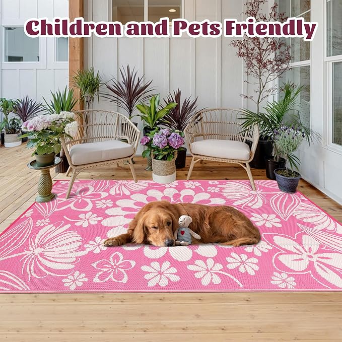Ileading Outdoor Plastic Straw Rug 6x9ft Funny Floral Style Reversible Patio - Image 2
