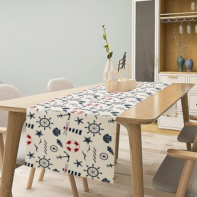 Nautical Lighthouse Table Runner, Anchors Waves and Organism Life Buoy Compass - Image 2