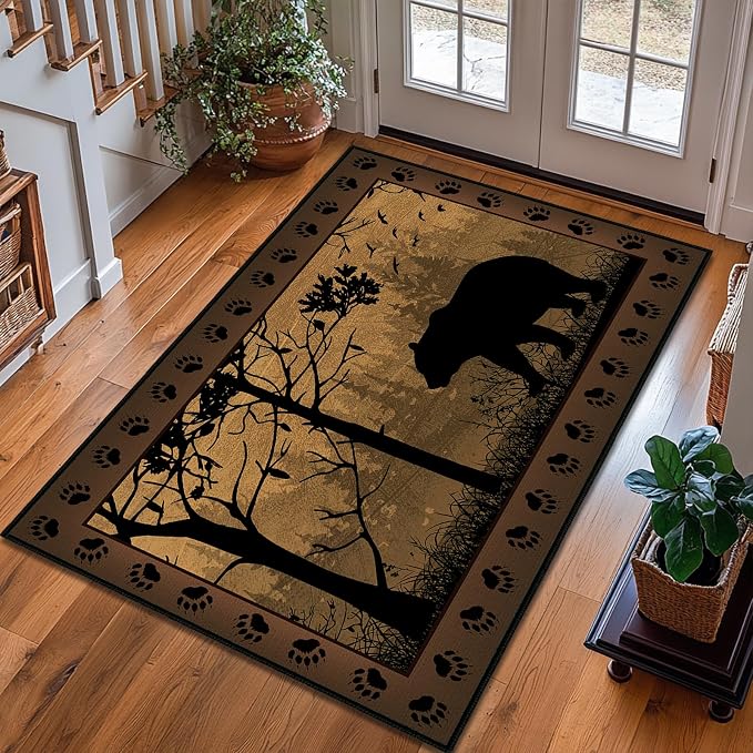 Rustic Area Rug 3x5, Bear Country Cabin Wildlife, Ultra-Thin Washable Throw by Unknown