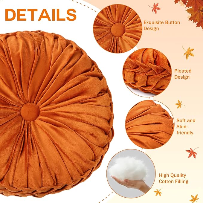 2 Pcs Round Throw Pillows 15 Inch Decorative Velvet Pleated Pumpkin Floor Boho - Image 3