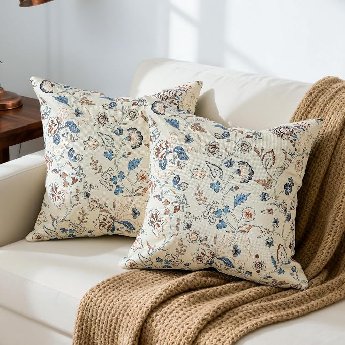 Vintage Flroal Pillow Cover 18x 18 Set of 2, Chinoiserie Blooming Blue Flower by RinRinfam