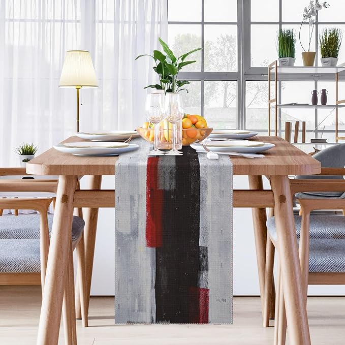 Emvency Black and White Table Runner, Modern Grey Red Art Painting - Image 7