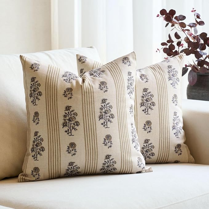 Amor Virisso Floral Throw Pillow Covers 20x20 Set of 2 Block Print Pillow by AffordableFloralPrintMaker