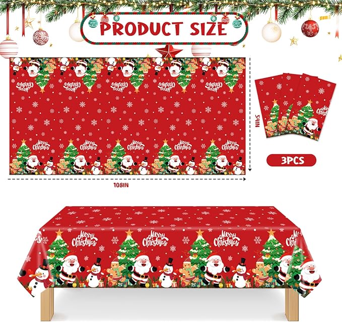 YQUQWN 3 PCS Christmas Tablecloth Plastic Disposable Waterproof Red Table Cover - Image 2