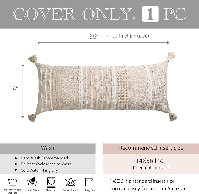 BlissBlush Cream Decorative Lumbar Throw Pillow Cover 14x36 Boho Long Cushion - Image 5