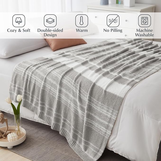 WRENGONGE Light Grey Throw Blanket, 50x70 Soft Cozy Striped Throw Blankets - Image 2