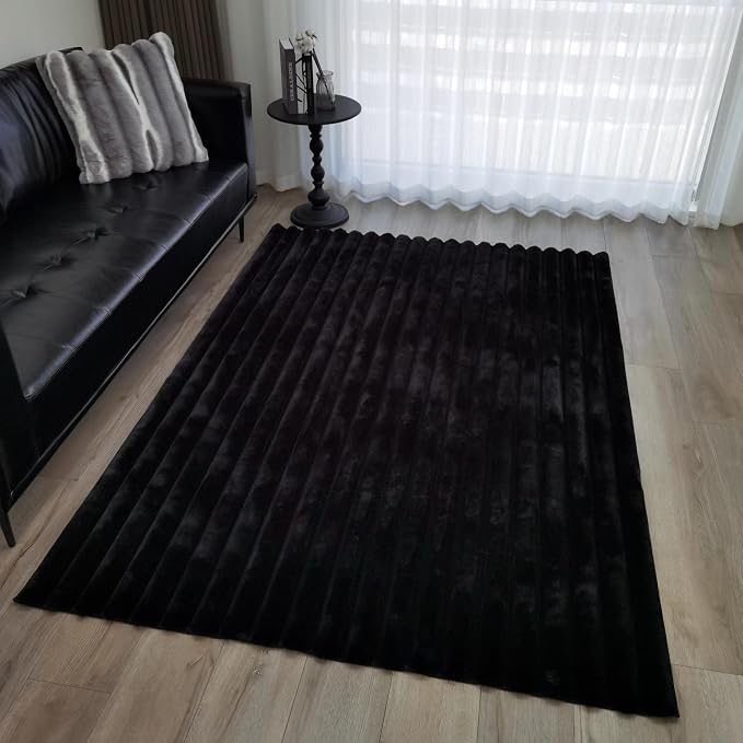 GLORY RUGS Area Rugs Striped Soft Faux Rabbit Fur Rug 5x7 Becky Black Plush - Image 3