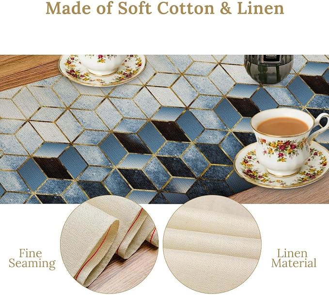 Geometric Blue Marble Table Runner Abstract Hexagon Pattern Texture Table Runner - Image 6