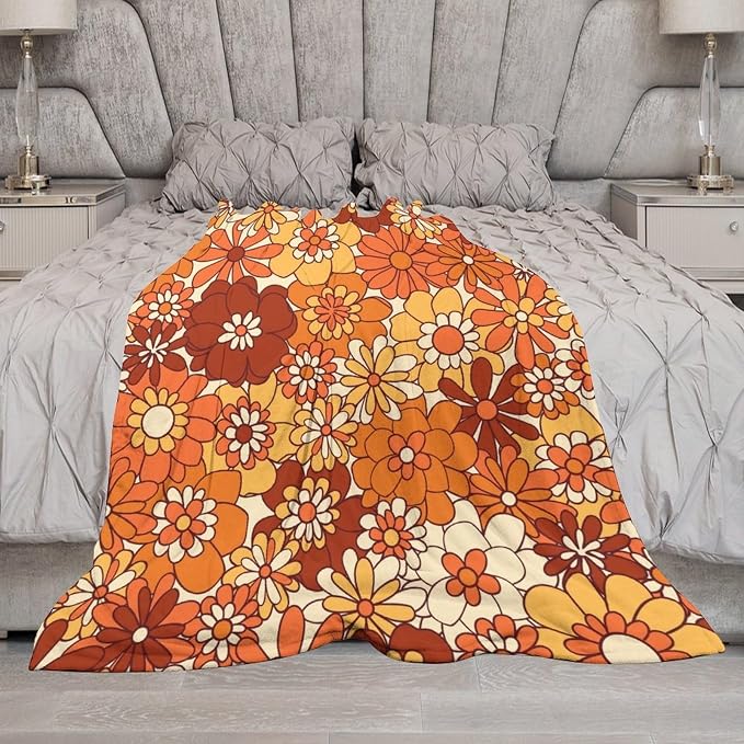 Vintage 70s Throw Blanket, Boho Hippie Bright Orange Flowers Groovy Abstract - Image 7