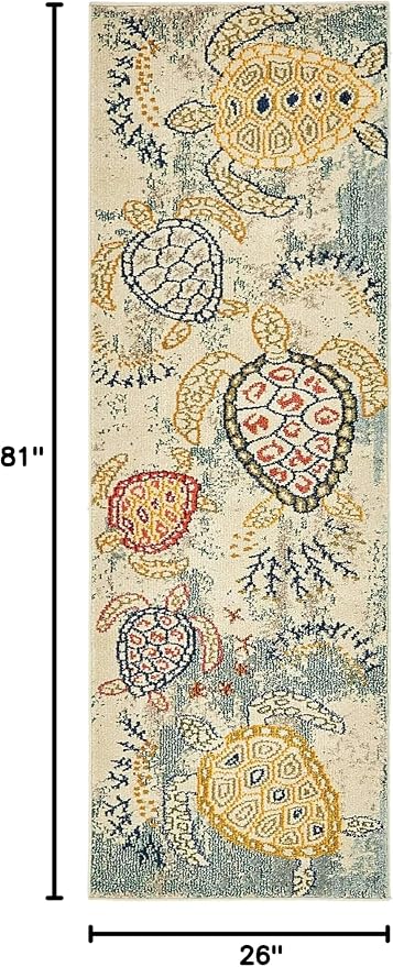 Unique Loom Positano Collection Coastal Modern Turtles Beige Runner Rug - Image 2