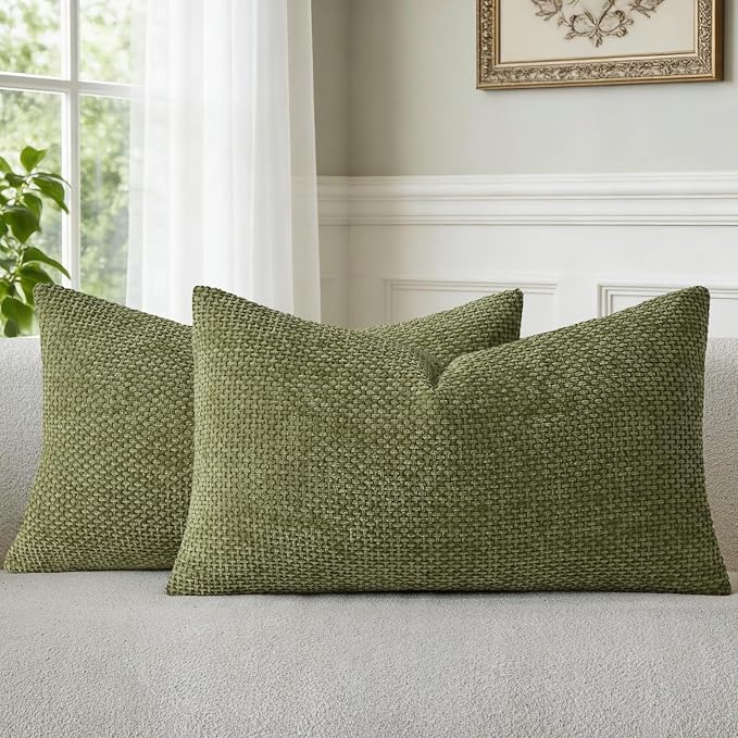 a moment Olive Green Chenille Throw Pillow Covers 12x20 Inch Pack of 2 Modern by amoment