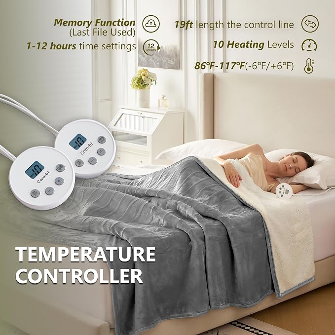 Heat Blanket 84”x90” Queen Size-Dual Control，Soft Flannel & Sherpa Electric - Image 5