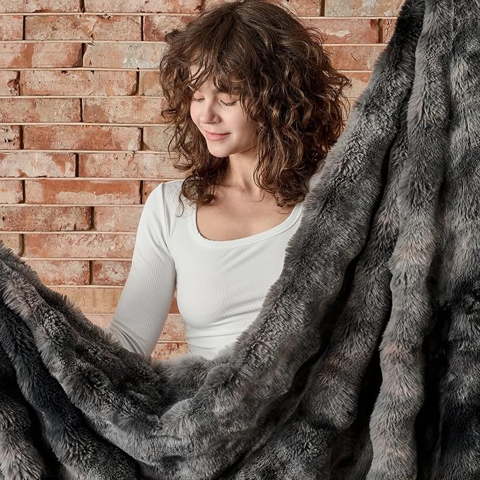 Lotus Karen Faux Fur Blanket Tie-Dye Dark Gray Twin Size - Image 7
