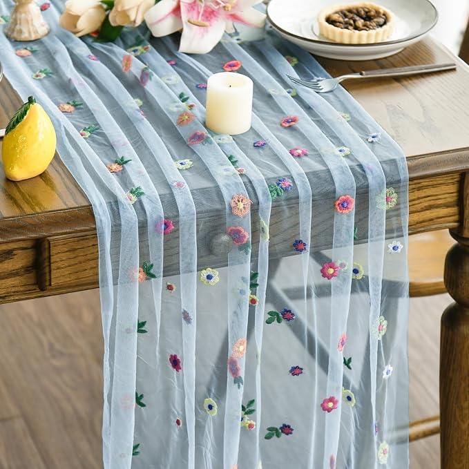 Artoid Mode Blue Embroidery Daisy Gauze Table Runner 120 Inch 10FT, Seasonal by ArtoidMode